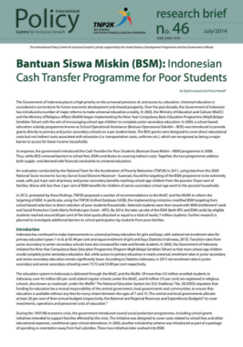 Bantuan Siswa Miskin (BSM): Indonesian Cash Transfer Programme for Poor Students