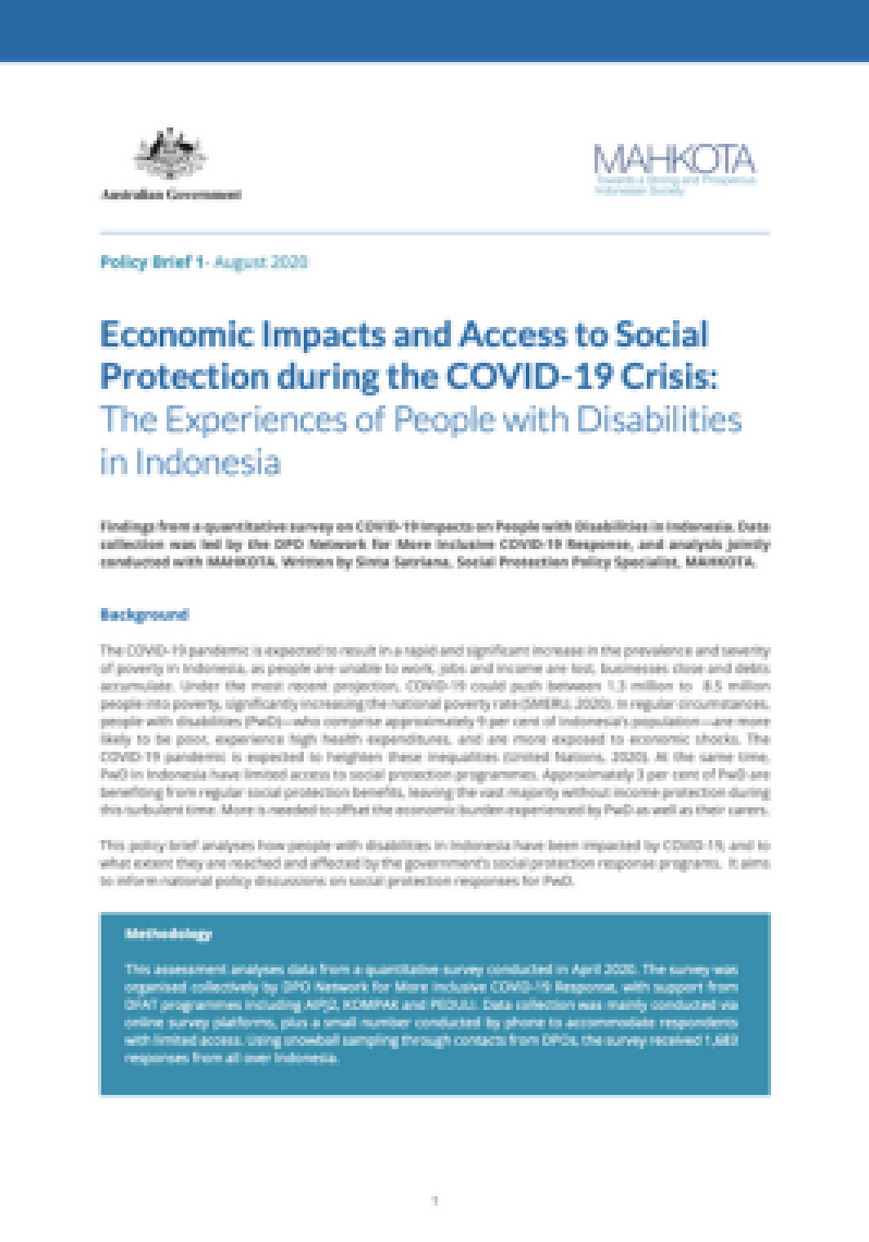 Economic Impacts and Access to Social Protection during the COVID-19 Crisis: The Experiences of People with Disabilities in Indonesia