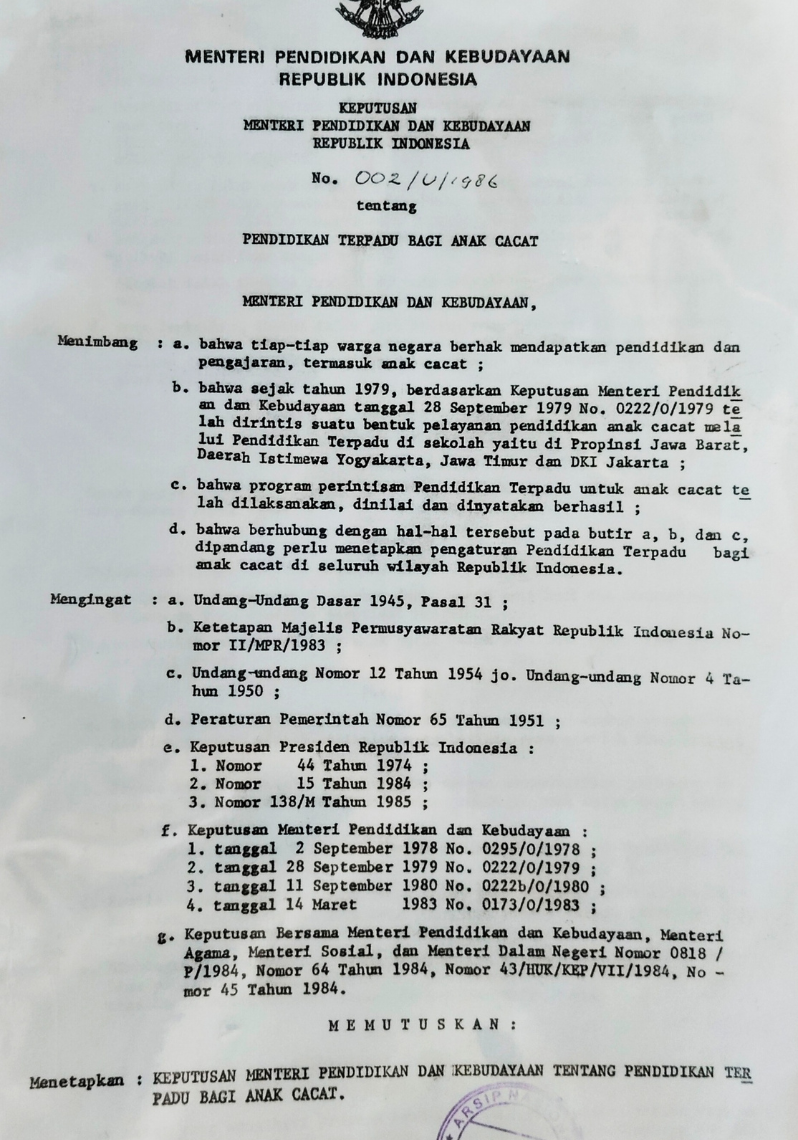 Keputusan Menteri Pendidikan dan Kebudayaan Republik Indonesia No. 002/U/1986 tentang Pendidikan Terpadu Bagi Anak Cacat