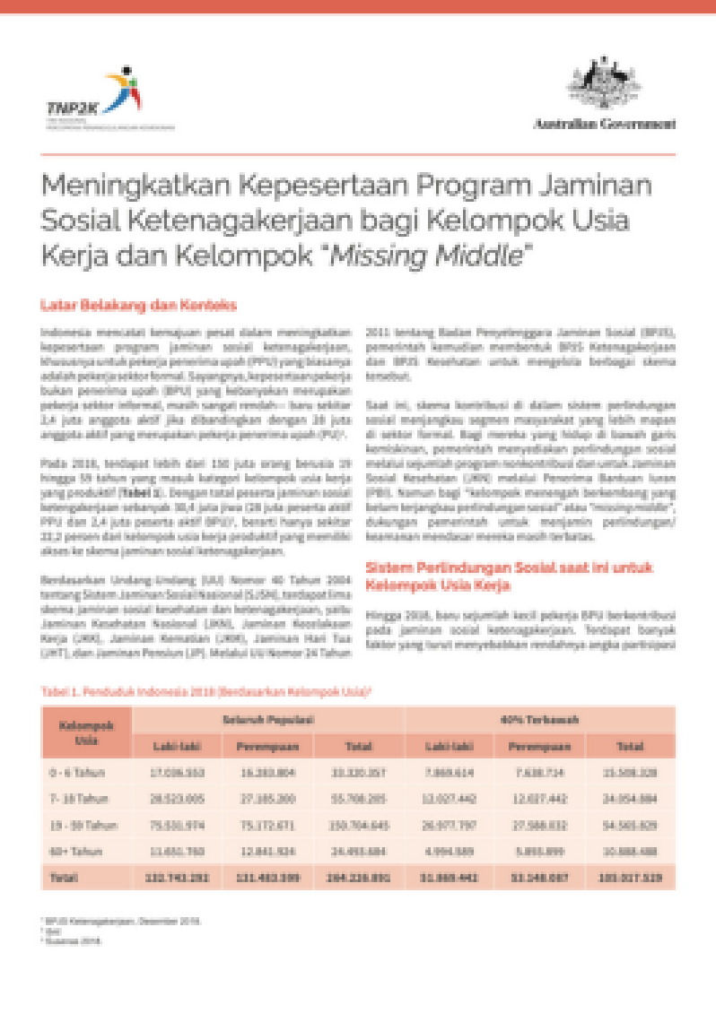 Meningkatkan Kepesertaan Program Jaminan Sosial Ketenagakerjaan bagi Kelompok Usia Kerja dan Kelompok “Missing Middle”