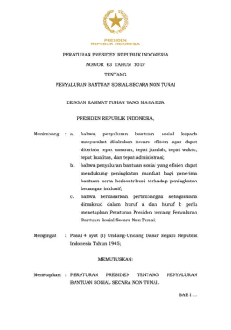 Peraturan Presiden Republik Indonesia Nomor 63 Tahun 2017 Tentang Penyaluran Bantuan Sosial Secara Non Tunai