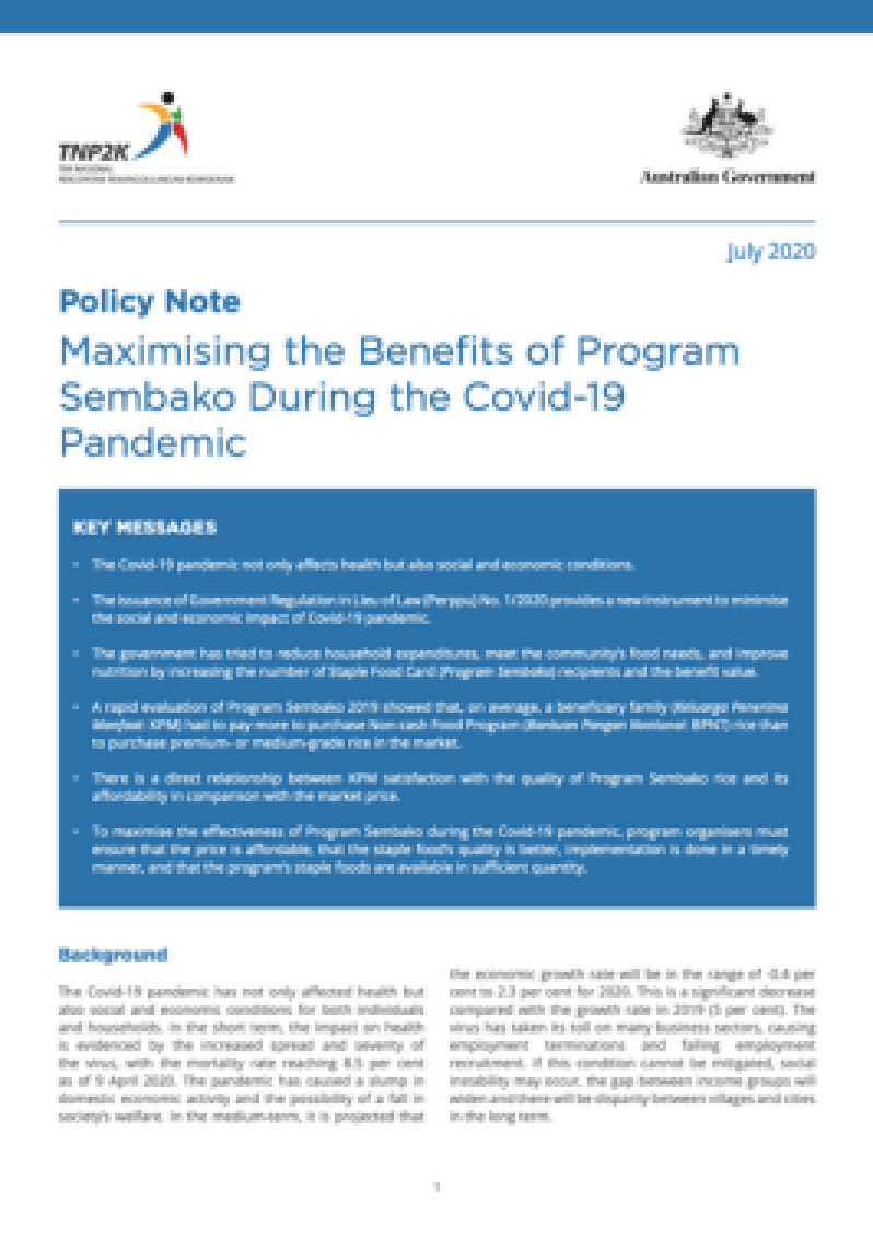 Policy Note Maximising the Benefits of Program Sembako During the Covid-19 Pandemic