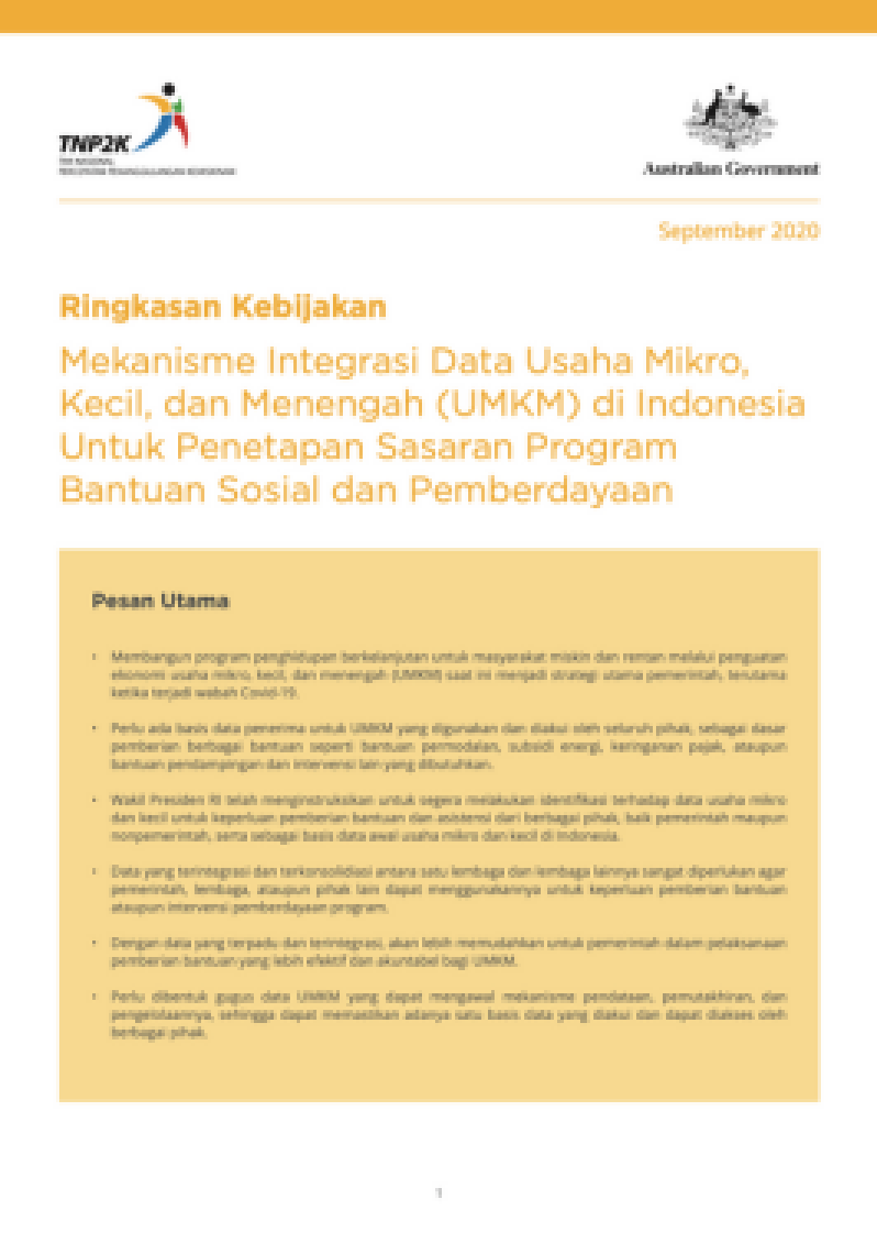 Ringkasan Kebijakan Mekanisme Integrasi Data Usaha Mikro, Kecil, dan Menengah (UMKM) di Indonesia Untuk Penetapan Sasaran Program Bantuan Sosial dan Pemberdayaan