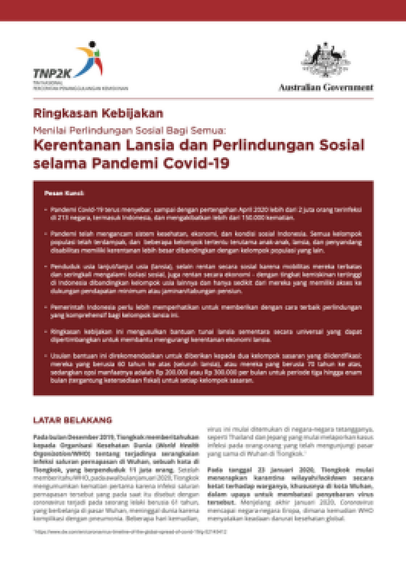 Ringkasan Kebijakan Menilai Perlindungan Sosial Bagi Semua: Kerentanan Lansia dan Perlindungan Sosial selama Pandemi Covid-19