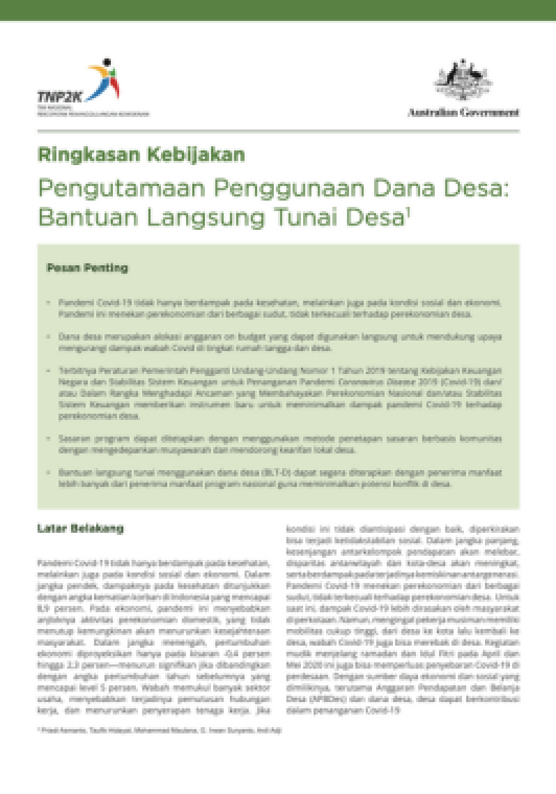 Ringkasan Kebijakan Pengutamaan Penggunaan Dana Desa: Bantuan Langsung Tunai Desa1