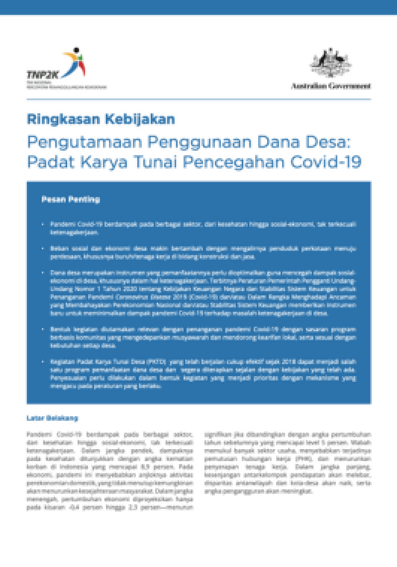 Ringkasan Kebijakan Pengutamaan Penggunaan Dana Desa: Padat Karya Tunai Pencegahan Covid-19