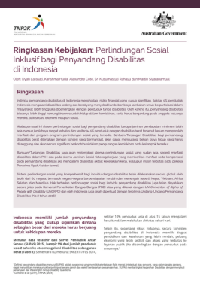 Ringkasan Kebijakan: Perlindungan Sosial
Inklusif bagi Penyandang Disabilitas
di Indonesia