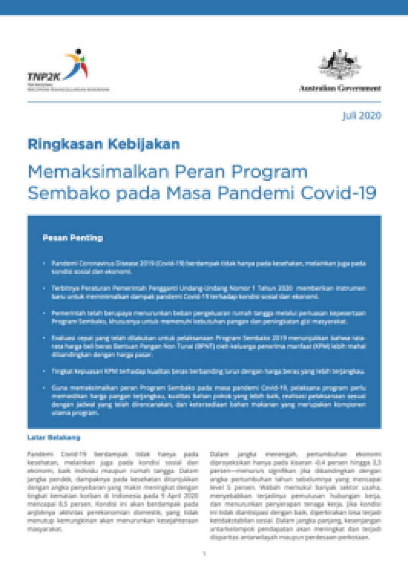 Ringkasan Kebijakan Memaksimalkan Peran Program Sembako pada Masa Pandemi Covid-19