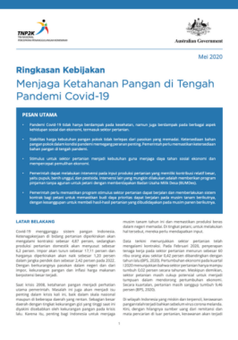 Ringkasan Kebijakan
Menjaga Ketahanan Pangan di Tengah Pandemi Covid-19