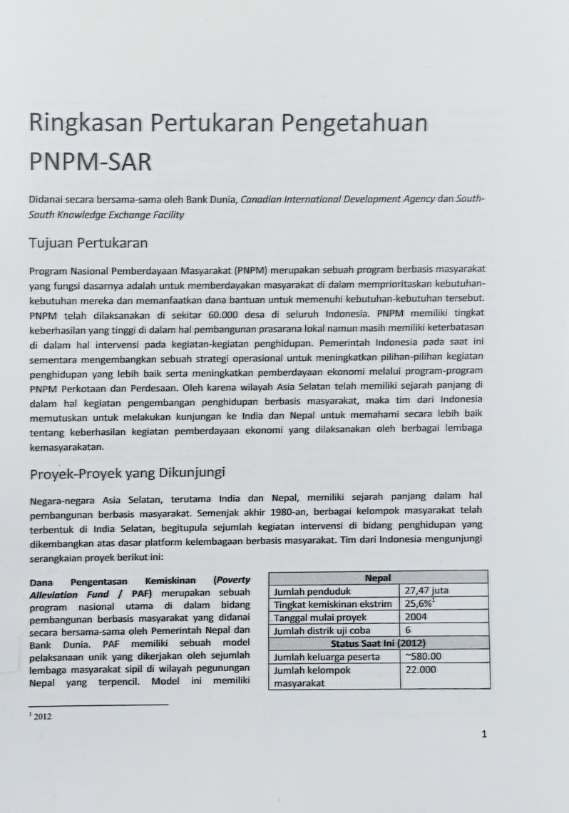 Ringkasan Pertukaran Pengetahuan PNPM-SAR