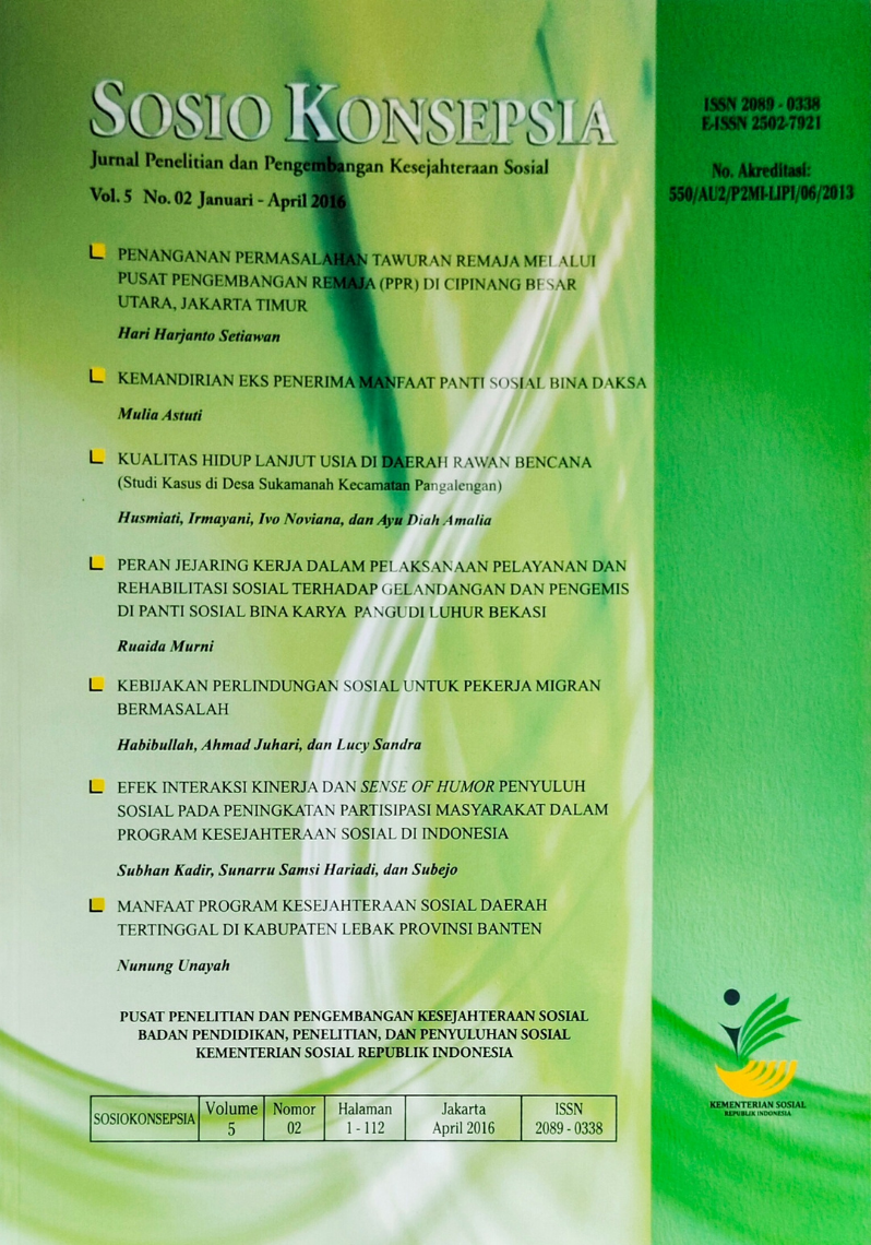 Sosiokonsepsia, Jurnal Penelitian dan Pengembangan Kesejahteraan Sosial, Vol. 5, No. 02, Januari - April 2016